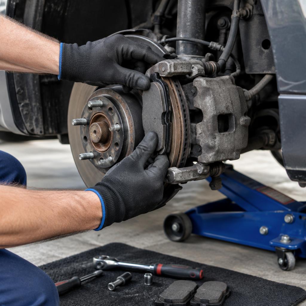 Mechanic replacing brake pads