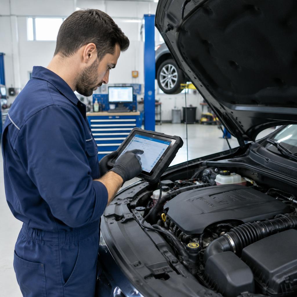 Technician running computer diagnostics on a car