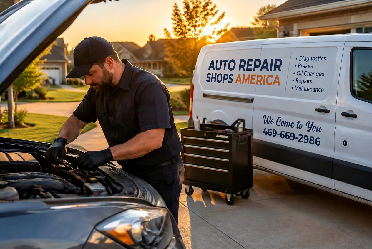 Mobile mechanic repairing a car engine beside a service van